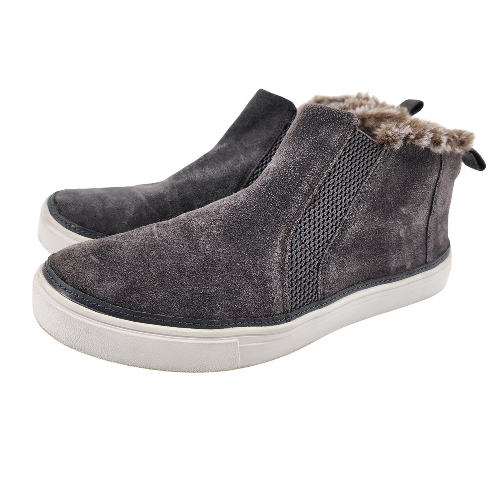 TOMS Suede Faux Fur Trim Ankle Boots Womens 9 Gray Slip On Cozy Csual Shoes
